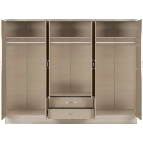 Nevada 6 Door 2 Drawer Mirrored Wardrobe Oyster Gloss/Light Oak Effect Veneer