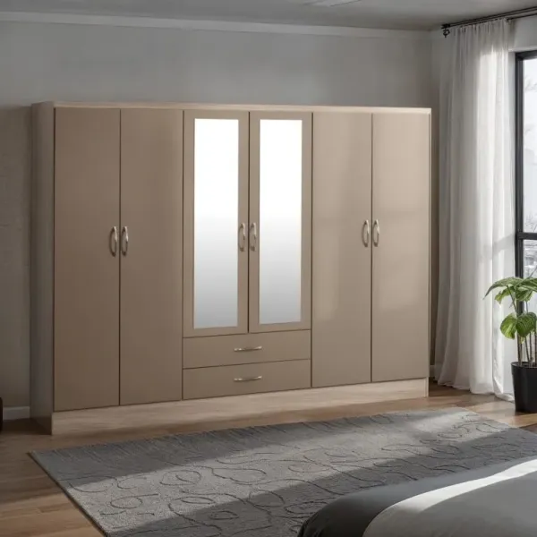 Nevada 6 Door 2 Drawer Mirrored Wardrobe Oyster Gloss/Light Oak Effect Veneer