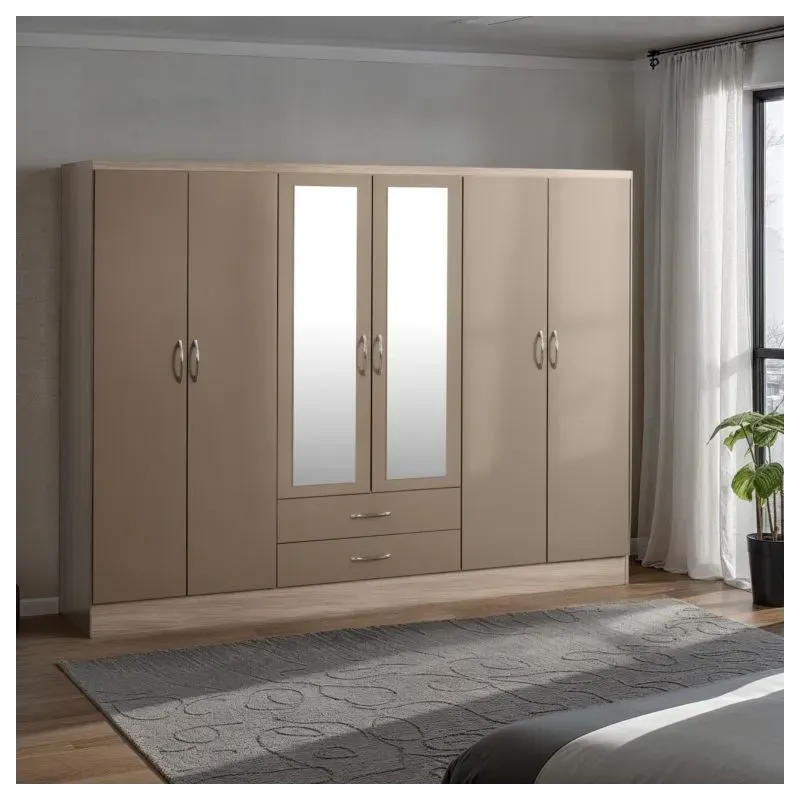 Nevada 6 Door 2 Drawer Mirrored Wardrobe Oyster Gloss/Light Oak Effect Veneer Nevada 6 Door 2 Drawer Mirrored Wardrobe Oyster Gloss/Light Oak Effect Veneer