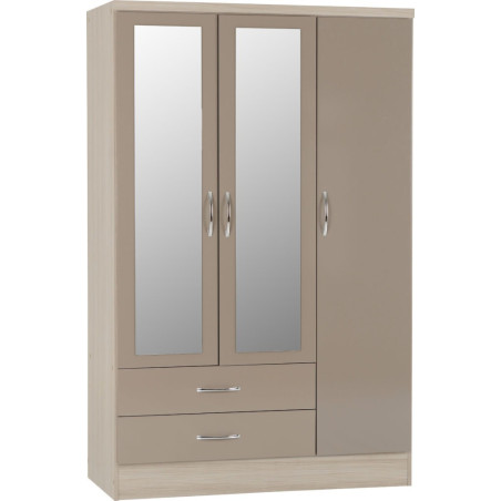 Nevada 3 Door 2 Drawer Mirrored Wardrobe Grey Gloss/Light Oak Effect Veneer