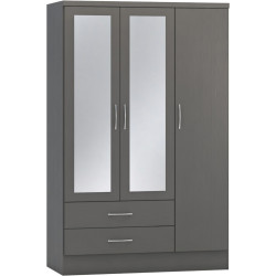 Nevada 3 Door 2 Drawer Mirrored Wardrobe Grey Gloss/Light Oak Effect Veneer