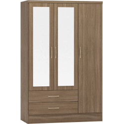 Nevada 3 Door 2 Drawer Mirrored Wardrobe Grey Gloss/Light Oak Effect Veneer