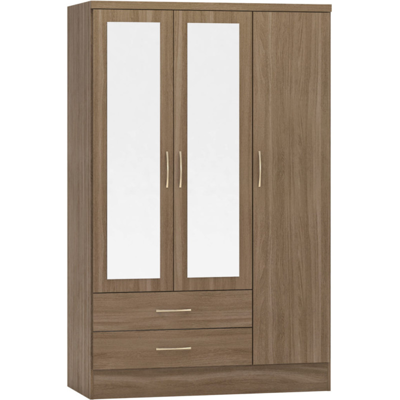 Nevada 3 Door 2 Drawer Mirrored Wardrobe Grey Gloss/Light Oak Effect Veneer