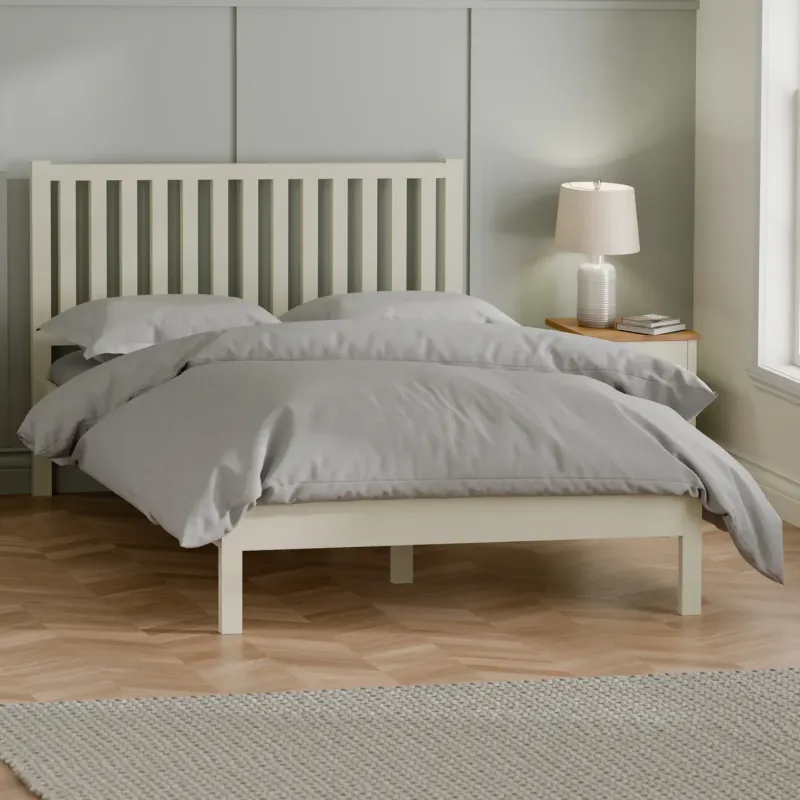 Coxmoor Solid Oak Wooden Bed Frame in Ivory Finish | Home Divine