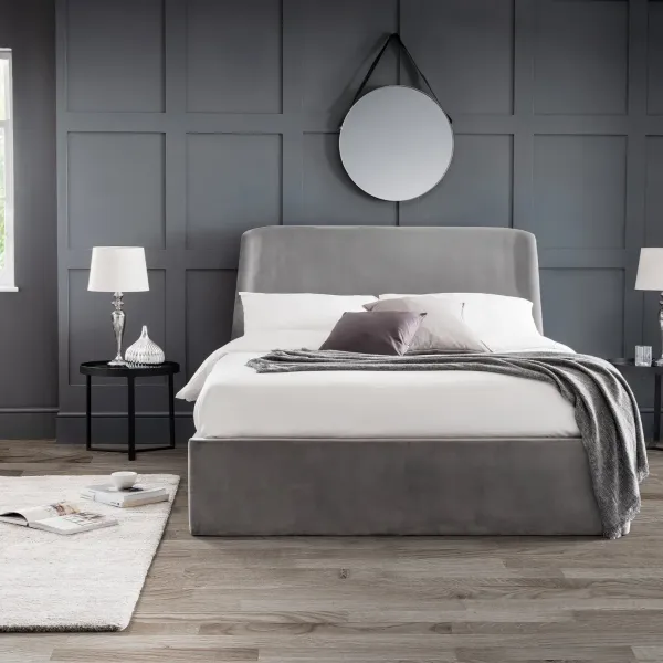 Introducing Frida Storage Ottoman Bed Frame in Grey Velvet Fabric by Home Divine