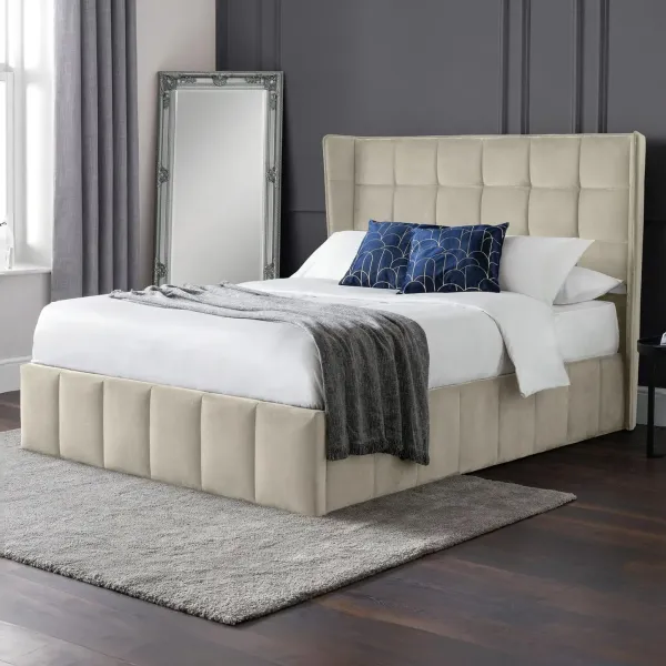 Gatsby Ottoman Storage Fabric Bed Frame in Cream Velvet | Home Divine