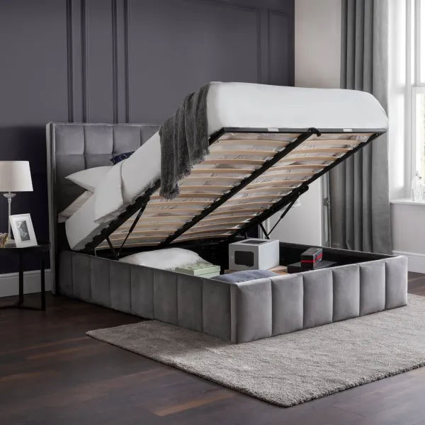Gatsby Ottoman Storage Fabric Bed Frame in Grey Velvet | Home Divine