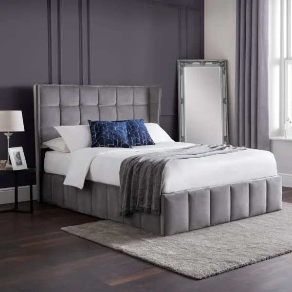 Gatsby Ottoman Storage Fabric Bed Frame in Grey Velvet | Home Divine