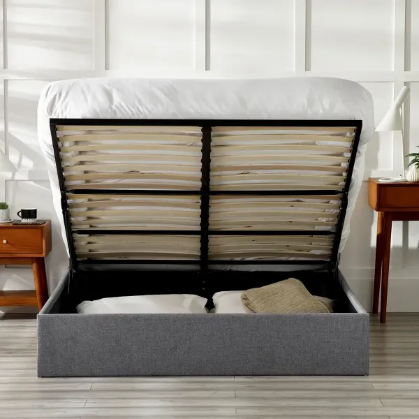 Merida Lift-Up Ottoman Storage Fabric Bed Frame Grey Linen | Home Divine
