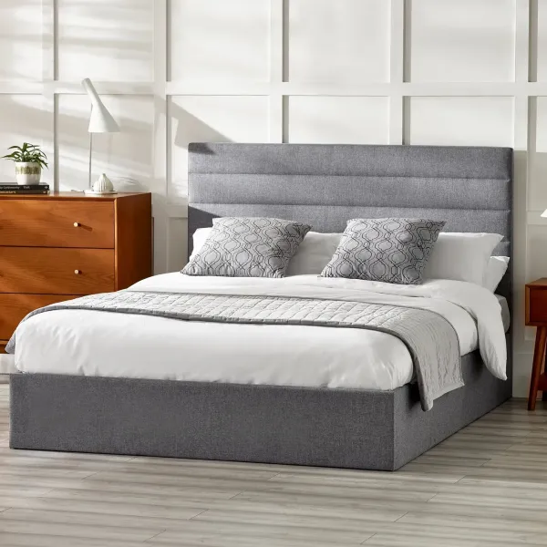 Merida Lift-Up Ottoman Storage Fabric Bed Frame Grey Linen | Home Divine