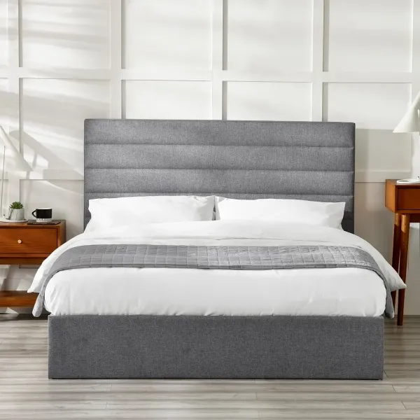 Merida Lift-Up Ottoman Storage Fabric Bed Frame Grey Linen | Home Divine