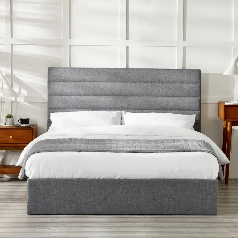 Merida Lift-Up Ottoman Storage Fabric Bed Frame Grey Linen | Home Divine Merida Lift-Up Ottoman Storage Fabric Bed Frame Grey Linen | Home Divine