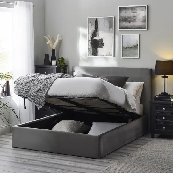 Home Divine - Shoreditch Lift-Up Ottoman Storage Bed in Slate Grey Velvet