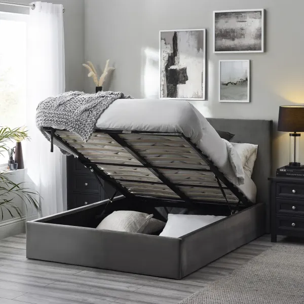 Home Divine - Shoreditch Lift-Up Ottoman Storage Bed in Slate Grey Velvet