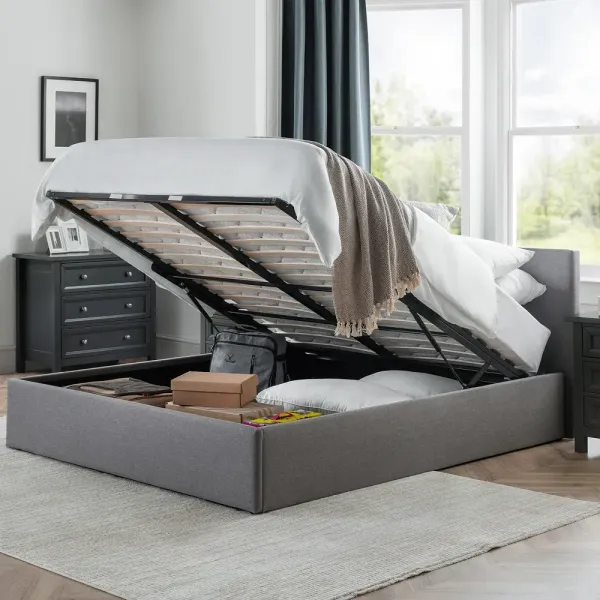 Rialto Ottoman Lift-Up Storage Bed in Light Grey Linen | Home Divine