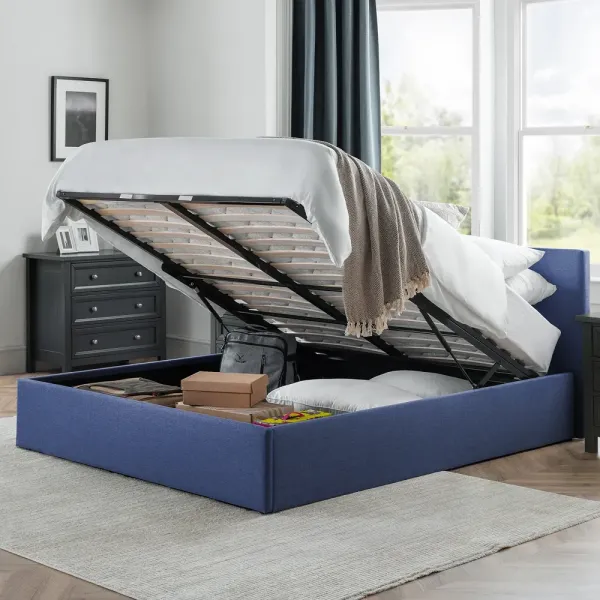Rialto Ottoman Lift-Up Storage Bed in Dark Blue Linen | Home Divine