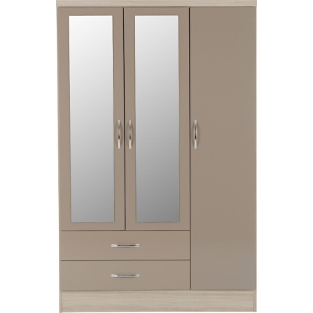Nevada 3 Door 2 Drawer Mirrored Wardrobe Oyster Gloss/ Light Oak Effect - Home Divine