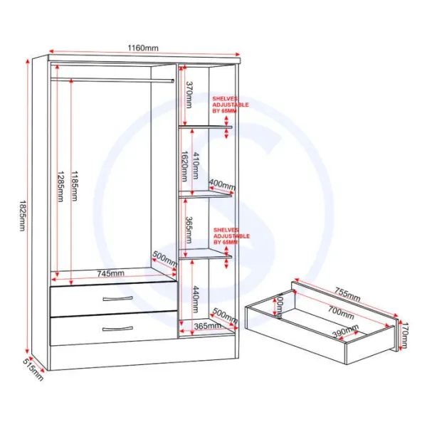 Nevada 3 Door 2 Drawer Mirrored Wardrobe Bedroom Set