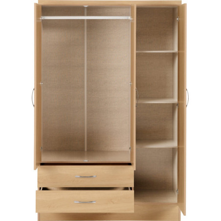 wood finish 3-door wardrobe with shelves and hanging space