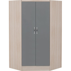 Nevada 2 Door Corner Wardrobe Grey Gloss/Light Oak Effect Veneer front view