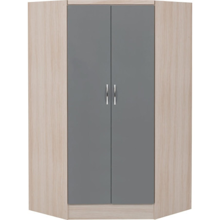 Nevada 2 Door Corner Wardrobe Grey Gloss/Light Oak Effect Veneer front view