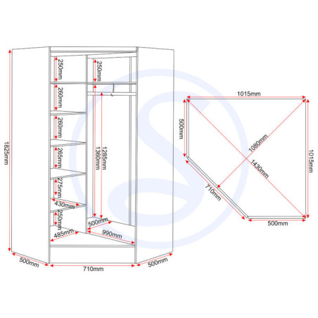 Nevada 2 Door Corner Wardrobe White Gloss dimensional view